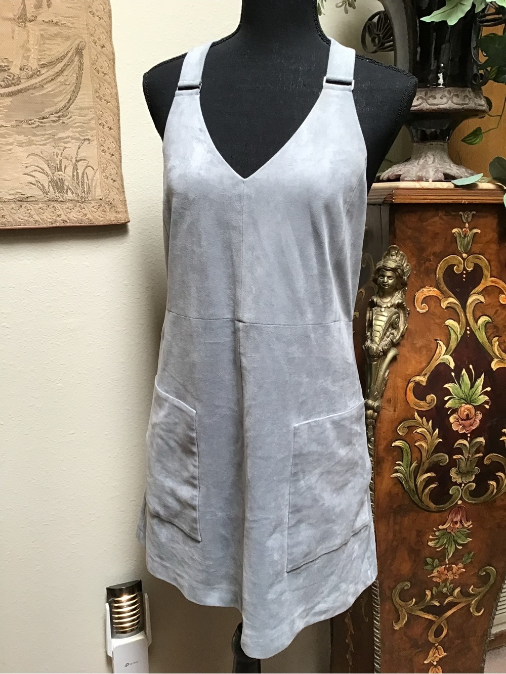 BCBGMaxAzria Light Gray Suede-Look V-Neck Mini Dress